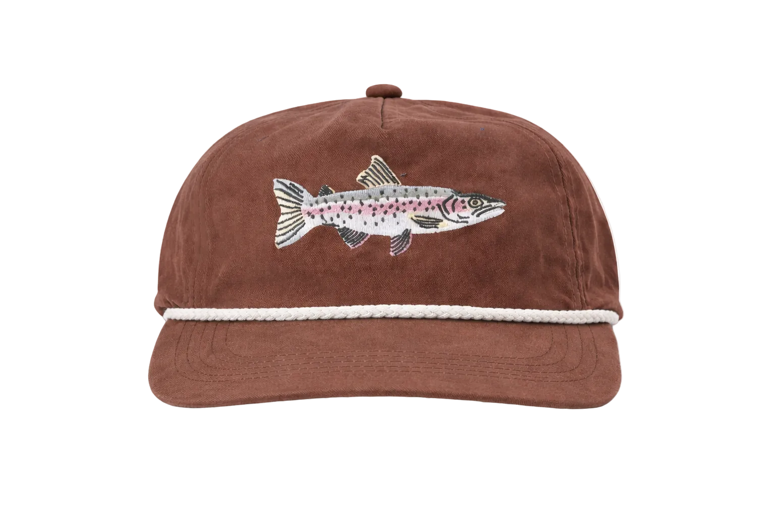 Brown cap with fish design on a white background