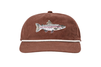 Brown cap with fish design on a white background