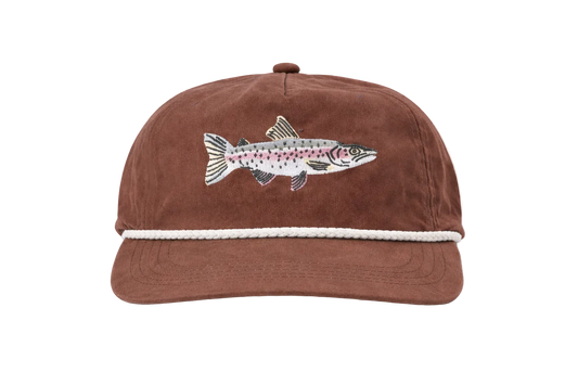 Brown cap with fish design on a white background