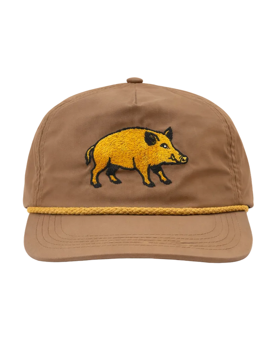 Brown cap with a yellow embroidered boar design on a white background