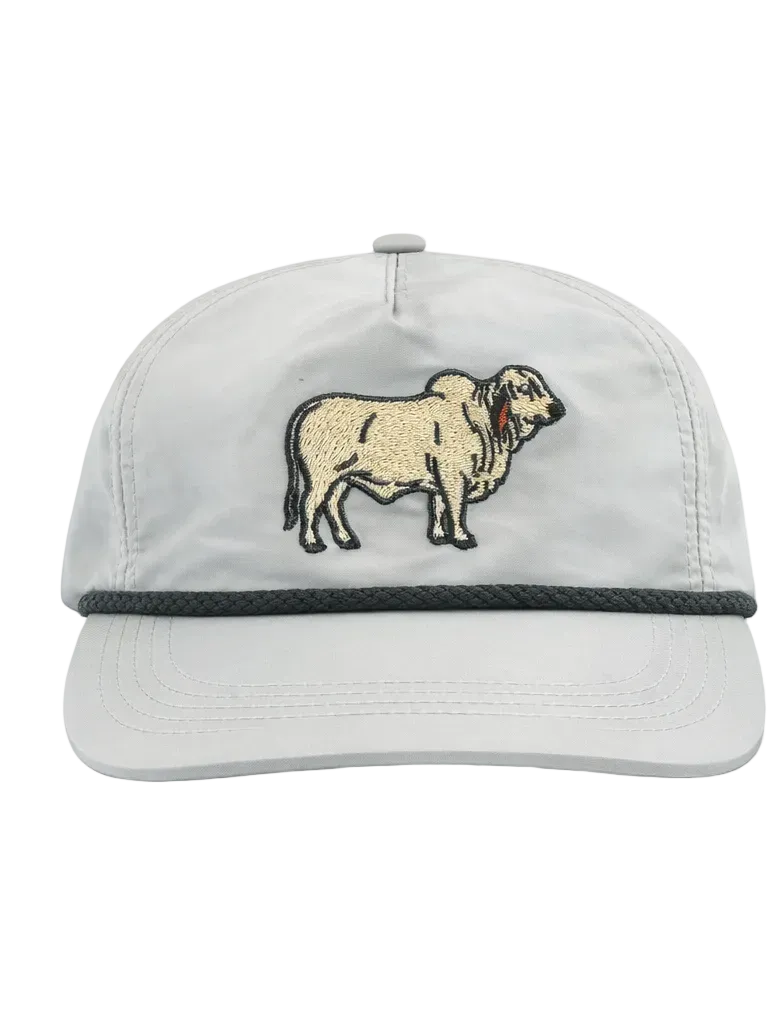 Light gray cap with a brahman cattle illustration on a white background