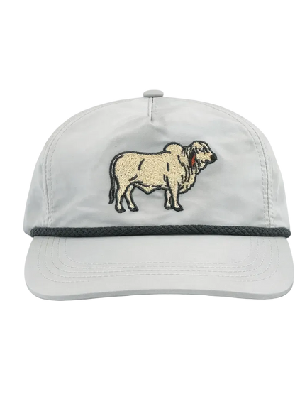 Light gray cap with a brahman cattle illustration on a white background