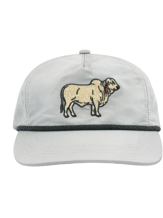 Light gray cap with a brahman cattle illustration on a white background