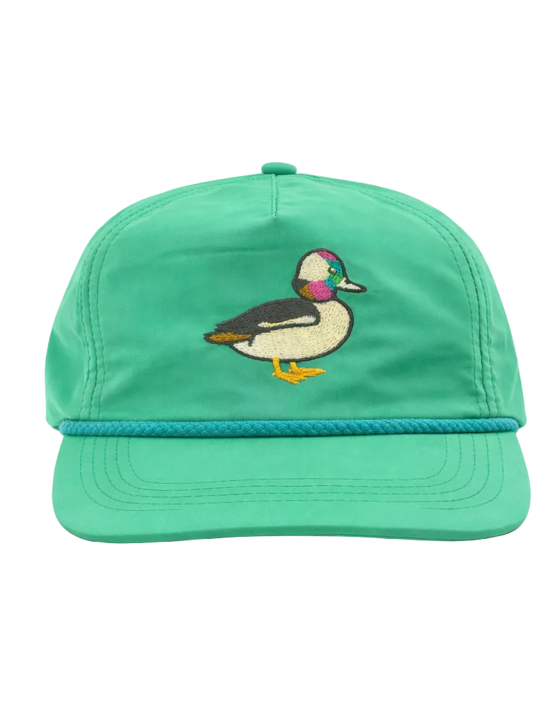 Green cap with a duck design on a white background