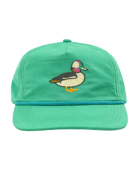 Green cap with a duck design on a white background