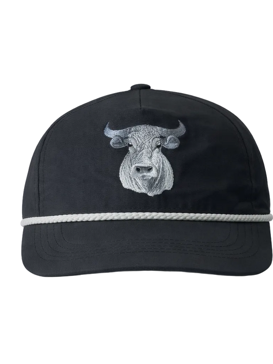 Black cap with bull emblem and white band on a white background