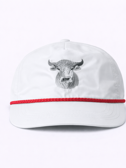 White cap with bull emblem and red band on a white background