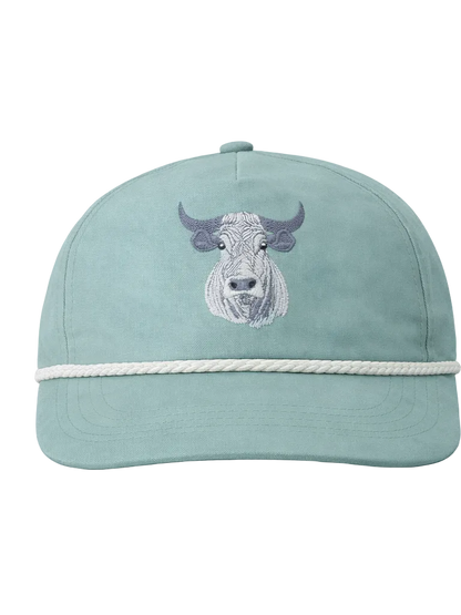 Light blue cap with bull emblem on a white background
