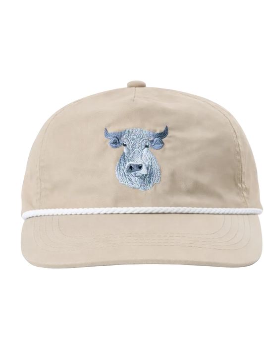 Beige cap with blue bull logo on a white background
