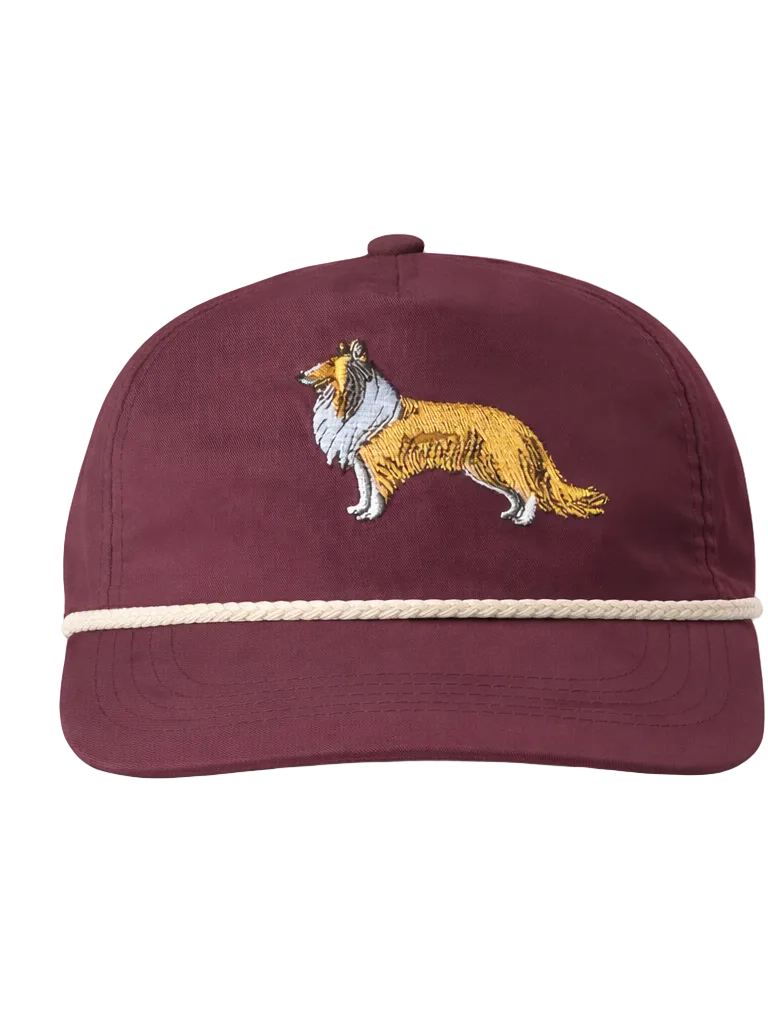 Maroon cap with embroidered dog design on a white background