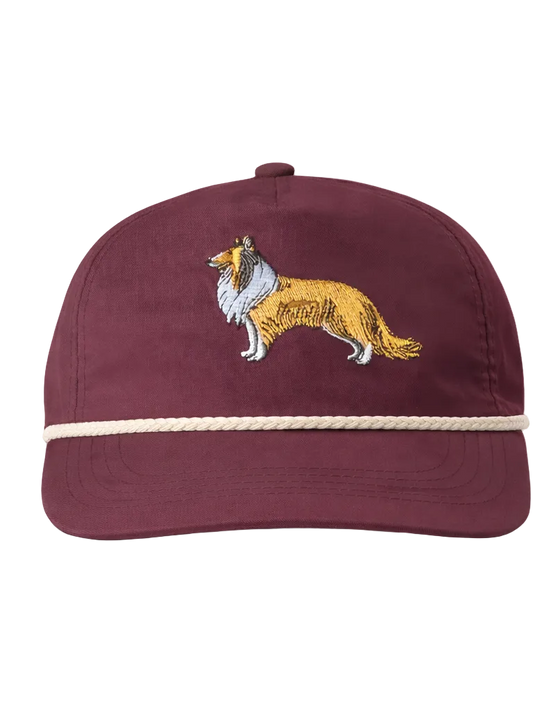 Maroon cap with embroidered dog design on a white background