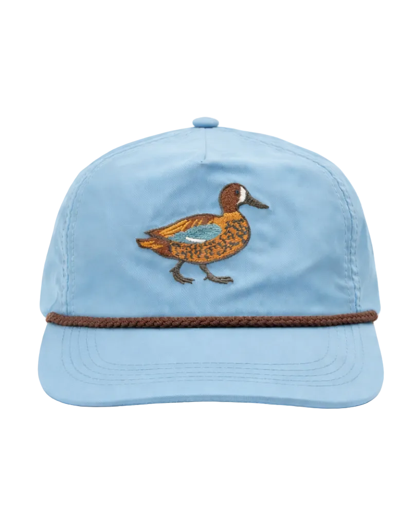 Light blue cap with a duck design and brown brim on a white background