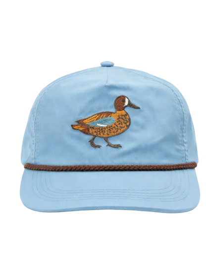 Light blue cap with a duck design and brown brim on a white background