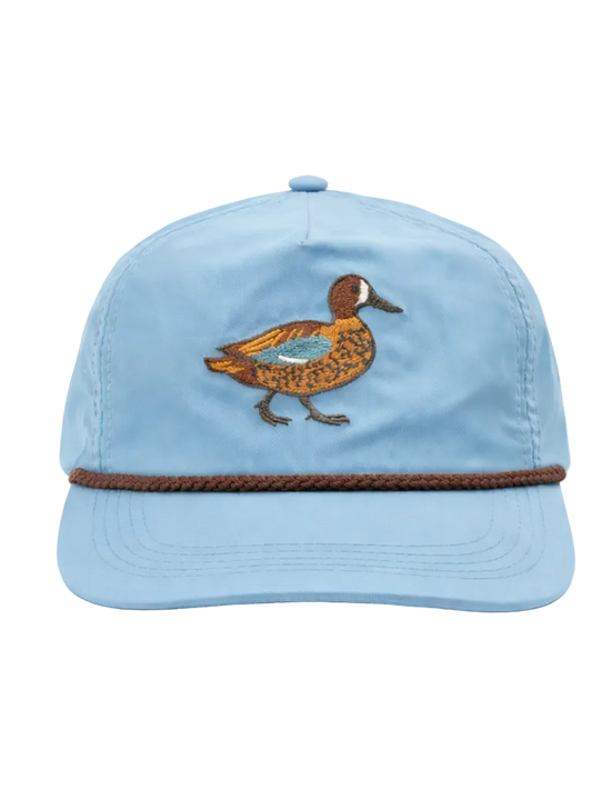 Light blue cap with a duck design and brown brim on a white background