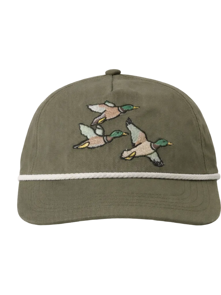 Green cap with embroidered ducks on a white background