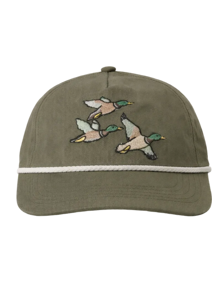 Green cap with embroidered ducks on a white background