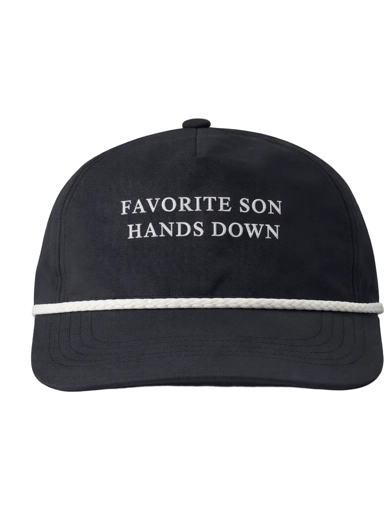 Black cap with 'Favorite Son Hands Down' text on a white background