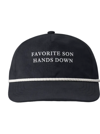 Black cap with 'Favorite Son Hands Down' text on a white background