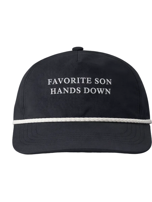 Black cap with 'Favorite Son Hands Down' text on a white background