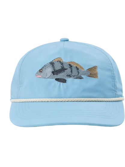 Light blue cap with fish embroidery on a white background