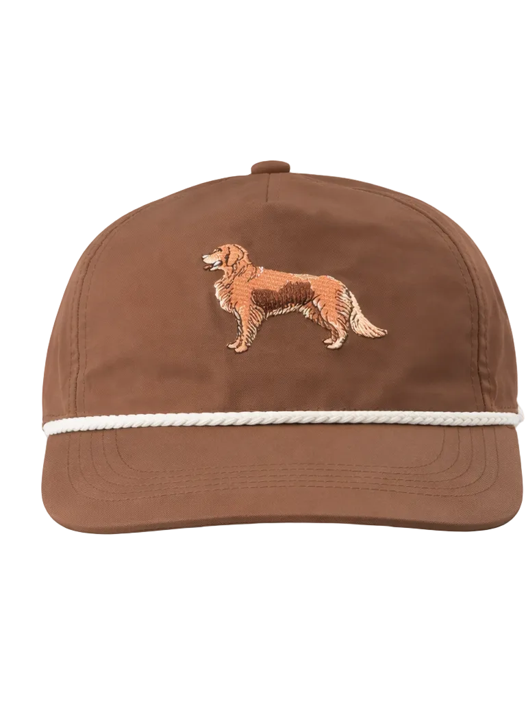 Brown cap with embroidered dog design on a white background
