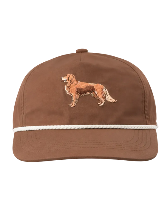 Brown cap with embroidered dog design on a white background
