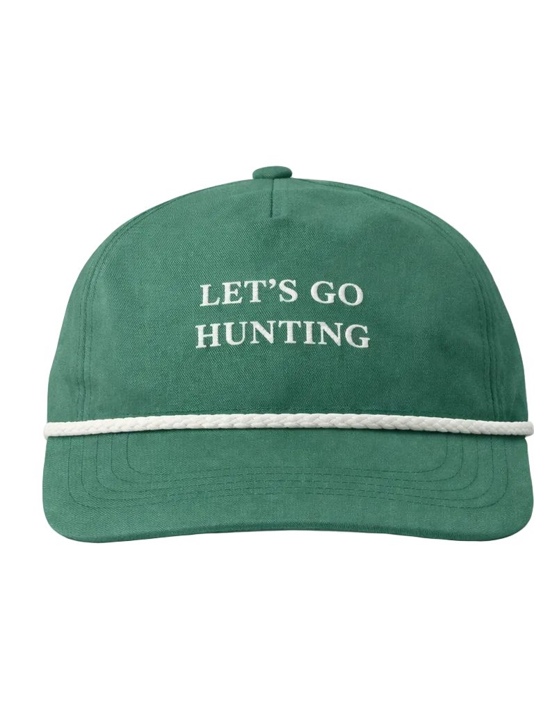 Green cap with 'LET'S GO HUNTING' text on a white background