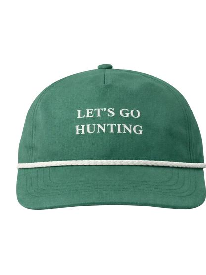 Green cap with 'LET'S GO HUNTING' text on a white background