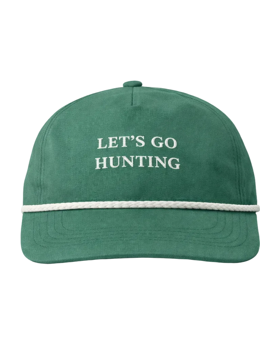 Green cap with 'LET'S GO HUNTING' text on a white background