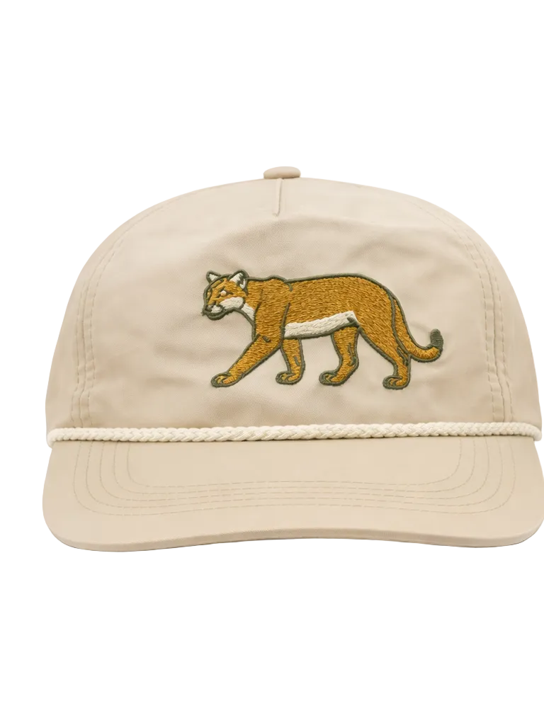 Beige cap with a couger embroidered on a white background