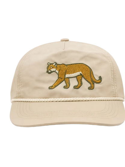 Beige cap with a couger embroidered on a white background