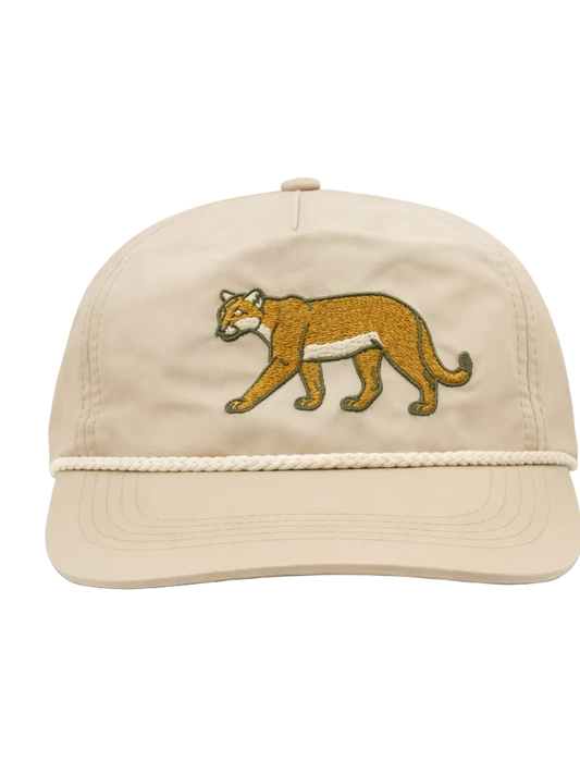 Beige cap with a couger embroidered on a white background