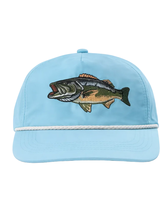 Light blue cap with a fish emblem on a white background