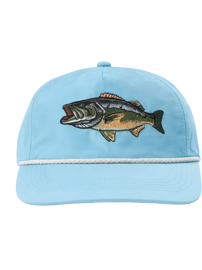 Light blue cap with a fish emblem on a white background