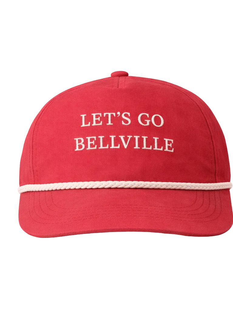 Red cap with 'LET'S GO BELLVILLE' text on a white background
