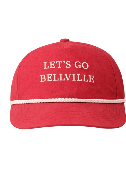 Red cap with 'LET'S GO BELLVILLE' text on a white background
