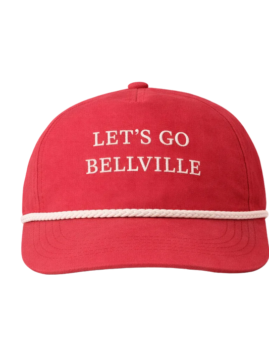 Red cap with 'LET'S GO BELLVILLE' text on a white background
