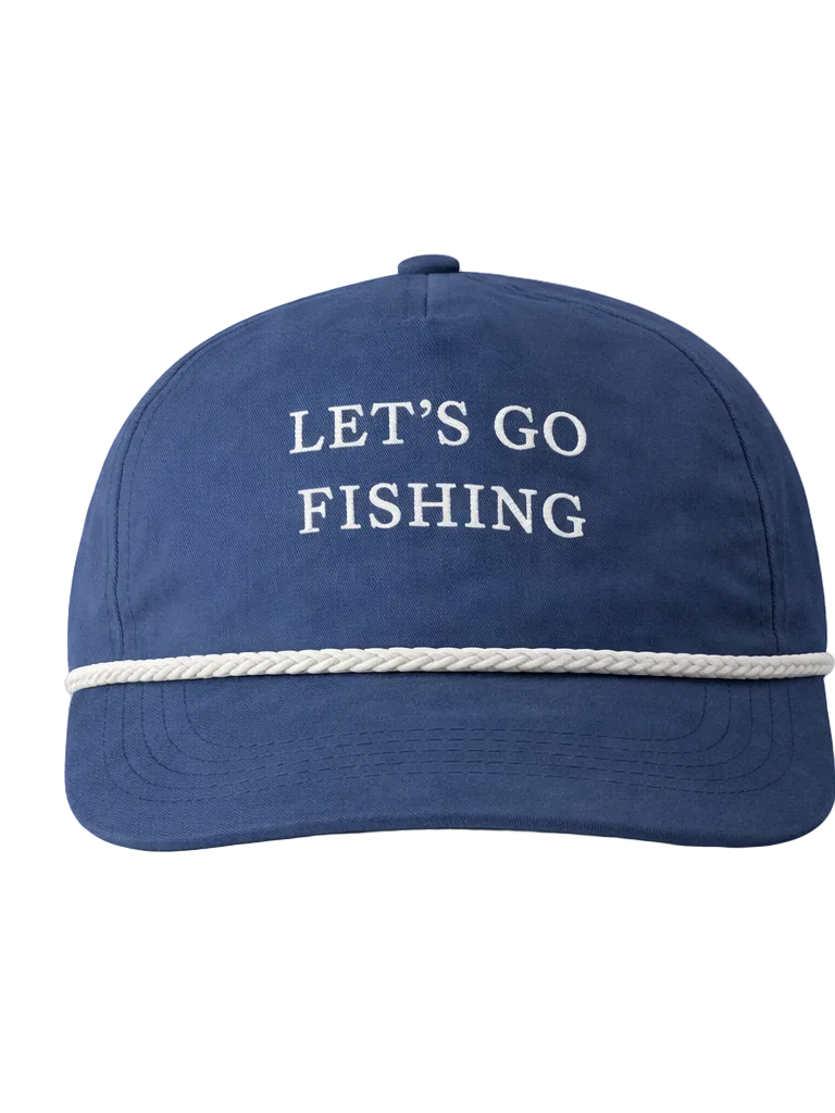 Blue cap with 'LET'S GO FISHING' text on a white background