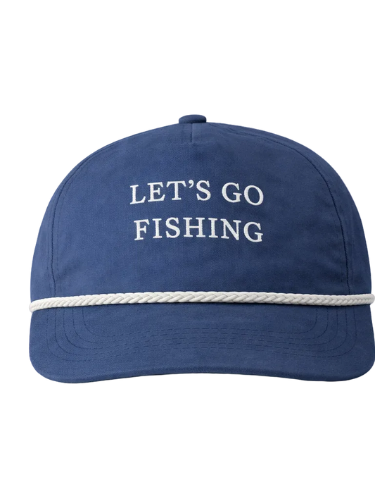 Blue cap with 'LET'S GO FISHING' text on a white background