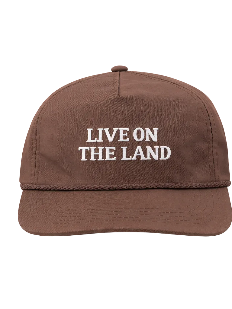 Brown cap with 'Live on the Land' text on a white background