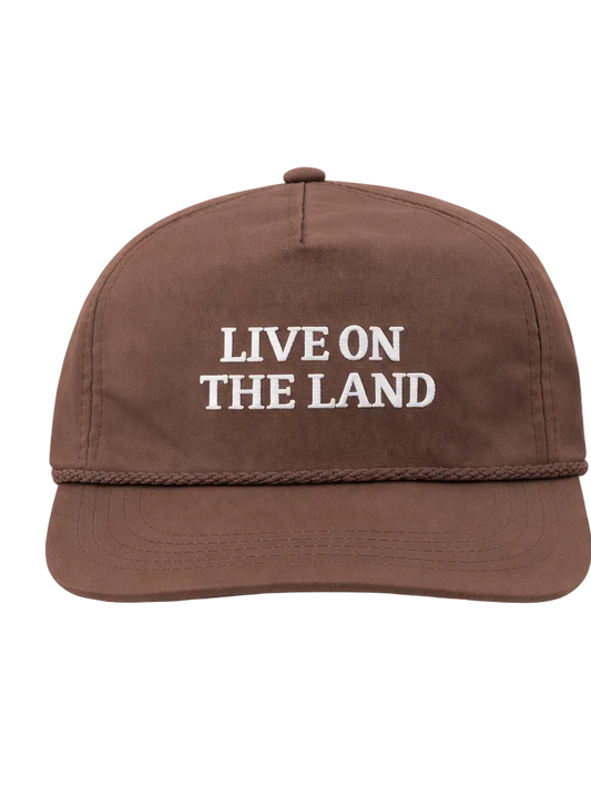 Brown cap with 'Live on the Land' text on a white background
