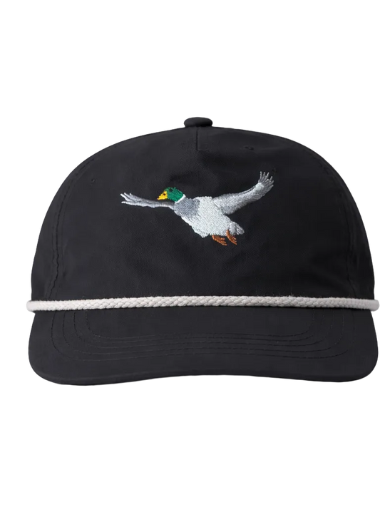 Black cap with a duck design and white string on a white background