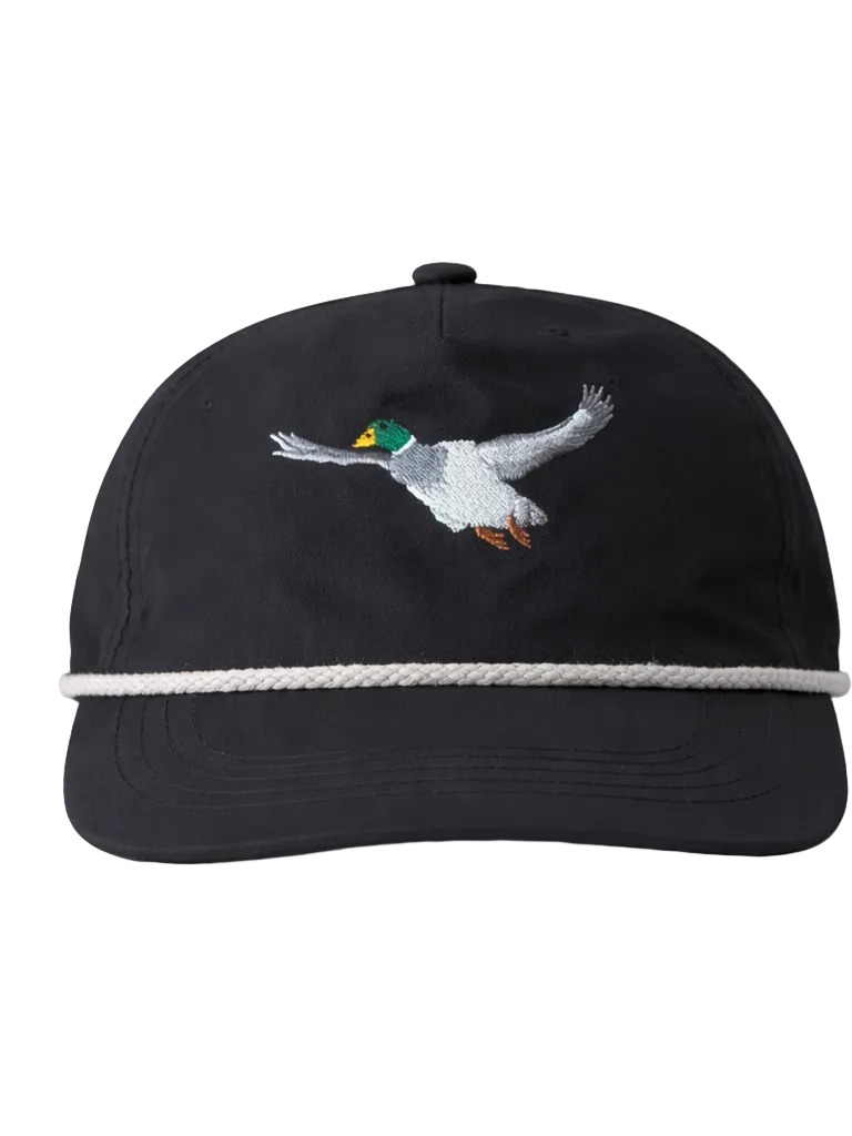 Black cap with a duck design and white string on a white background
