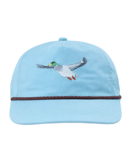 Light blue cap with an embroidered duck design on a white background