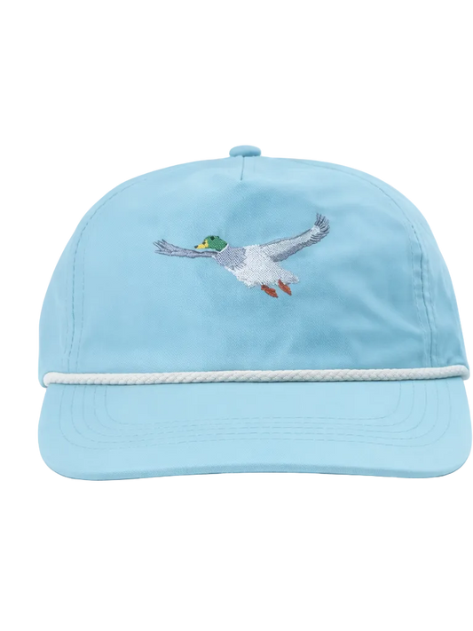 Light blue cap with embroidered bird design on a white background