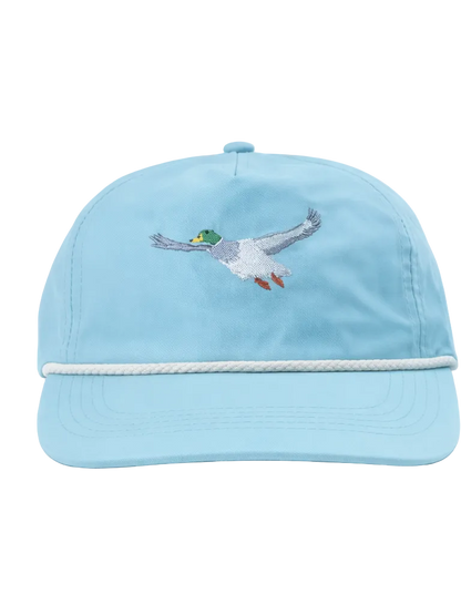 Light blue cap with embroidered bird design on a white background