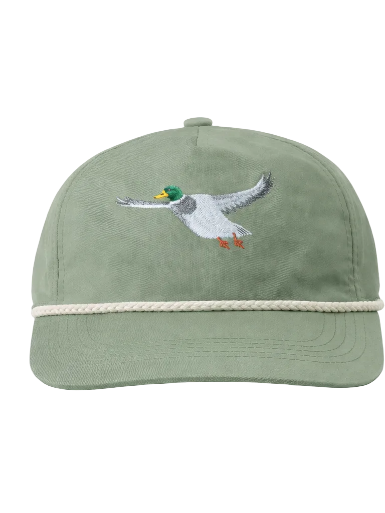 Green cap with embroidered duck design on a white background