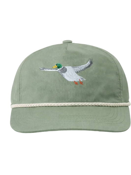 Green cap with embroidered duck design on a white background