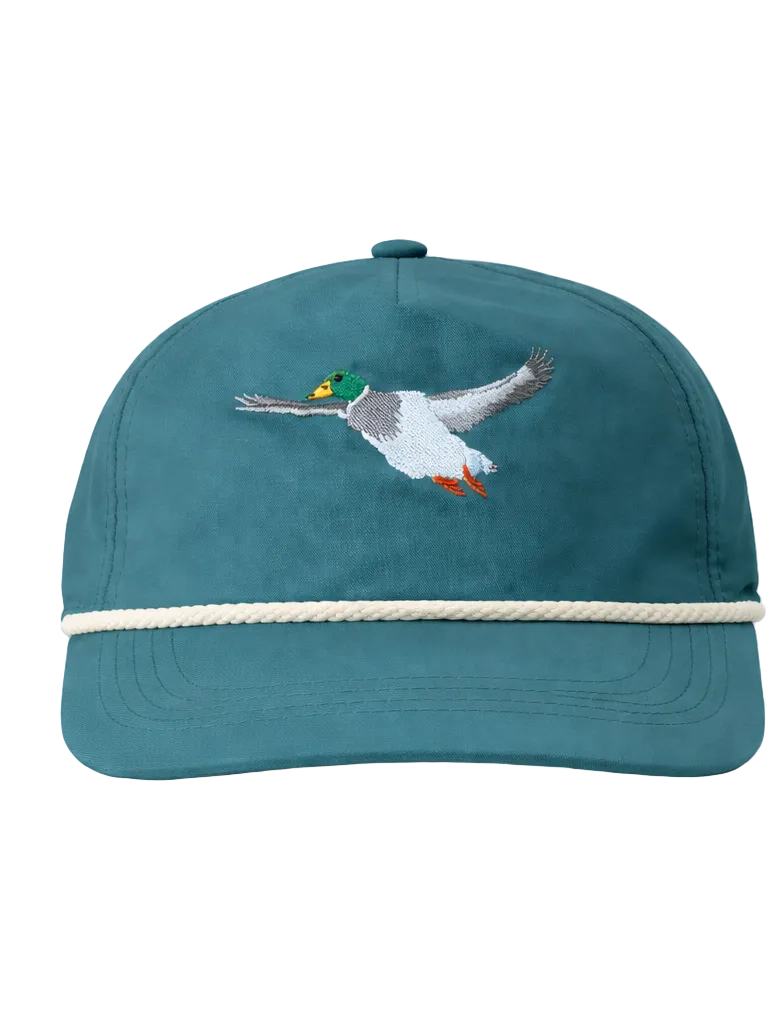 Teal cap with a duck design on a white background