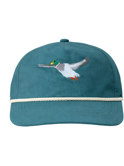 Teal cap with a duck design on a white background